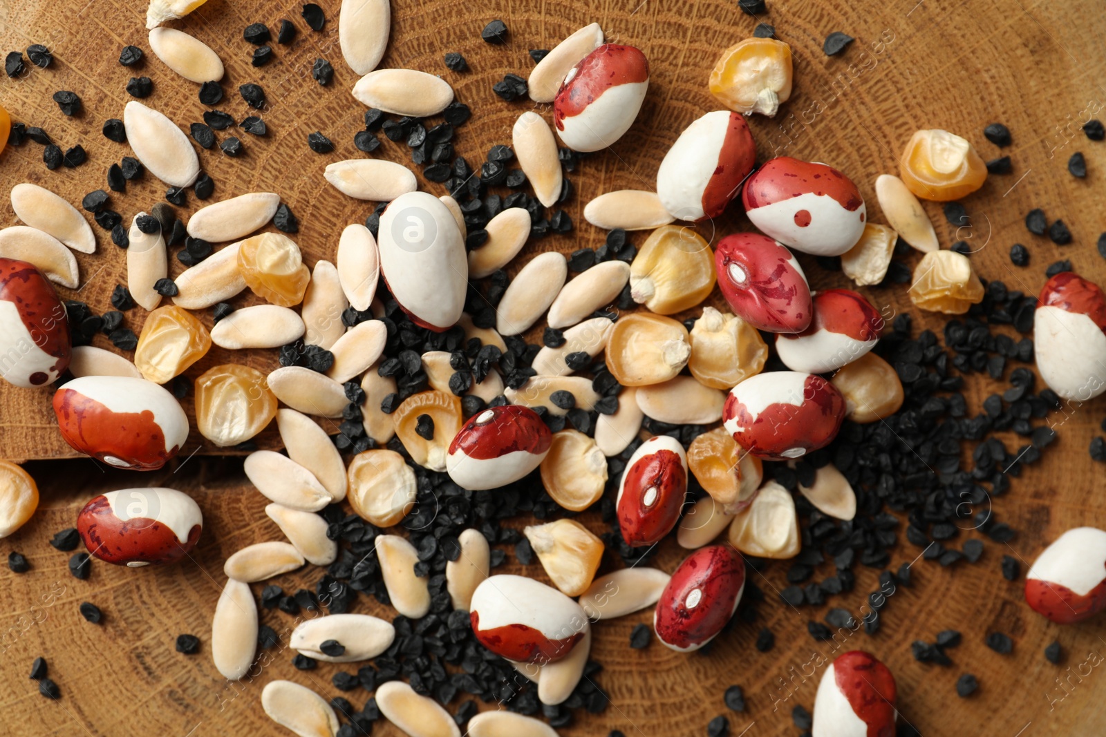 Photo of Mixed vegetable seeds on wooden background, flat lay