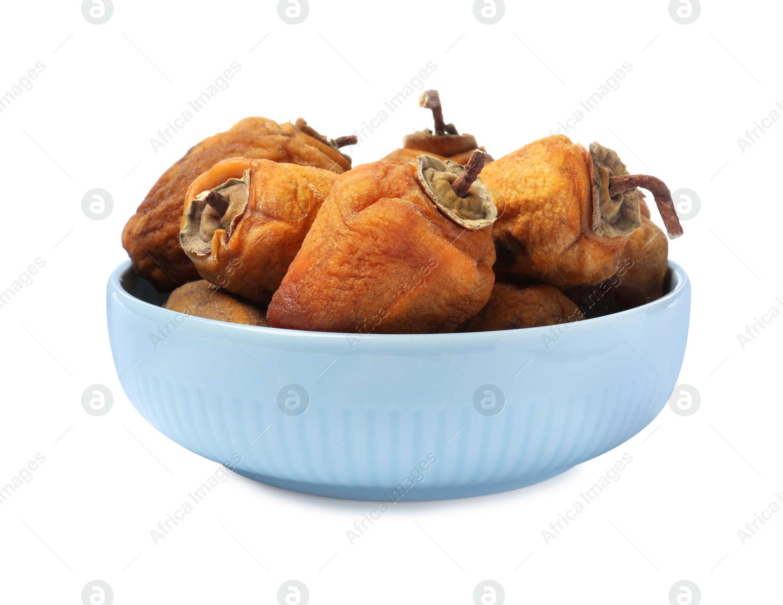 Photo of Tasty dried persimmon fruits in bowl on white background