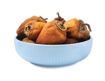 Tasty dried persimmon fruits in bowl on white background