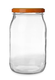 Photo of Glass jar for pickled food on white background
