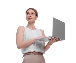 Photo of Beautiful smiling businesswoman with laptop on white background