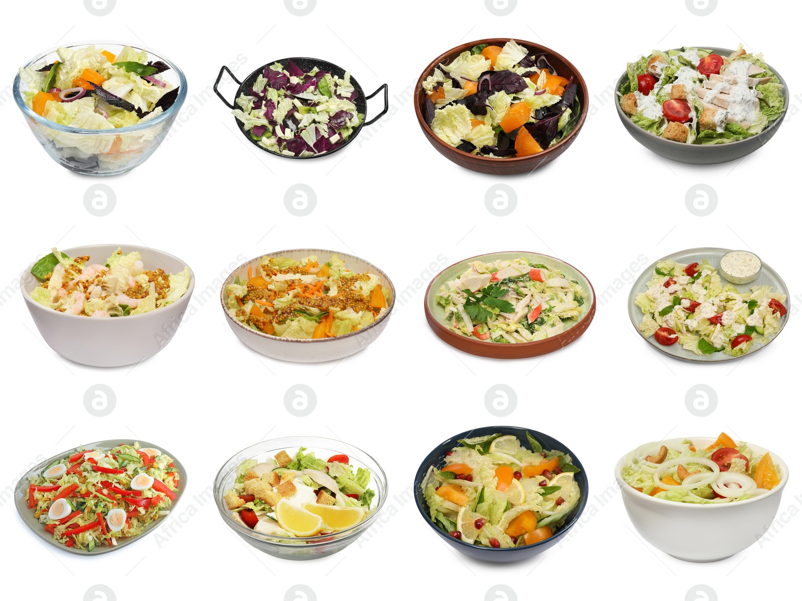 Image of Set of different tasty salads with Chinese cabbage in bowls on white background