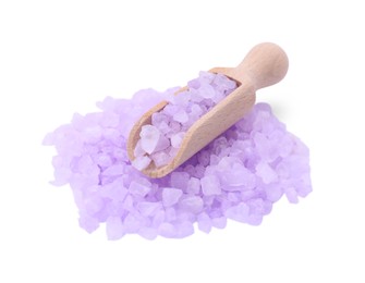 Photo of Wooden scoop with violet sea salt isolated on white