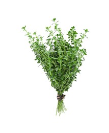 Photo of Bunch of aromatic thyme isolated on white, top view. Fresh herb