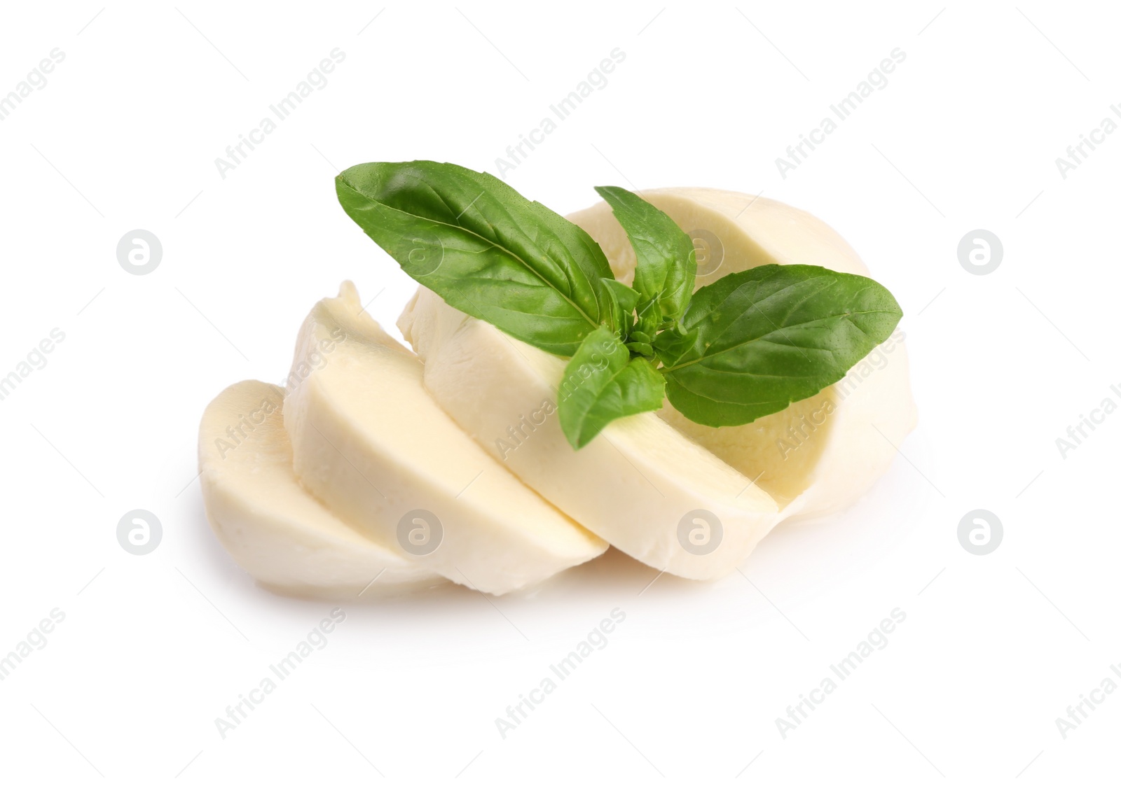 Photo of Slices of tasty mozzarella and basil leaves isolated on white