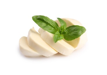 Slices of tasty mozzarella and basil leaves isolated on white