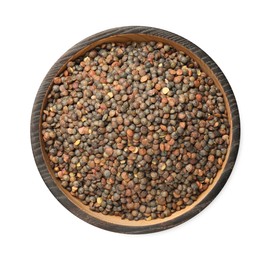 Raw lentils in bowl isolated on white, top view