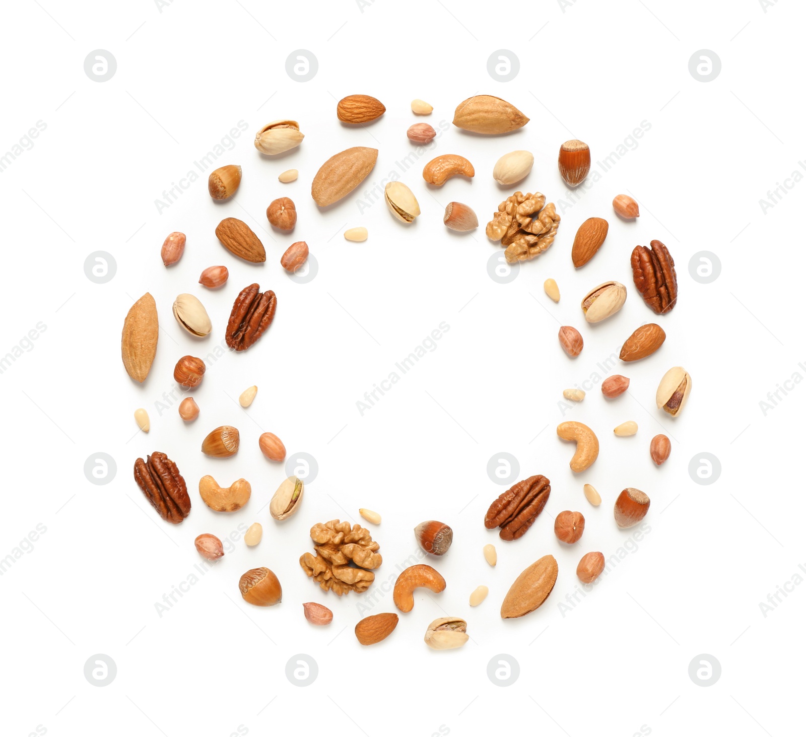 Photo of Different delicious nuts on white background, flat lay