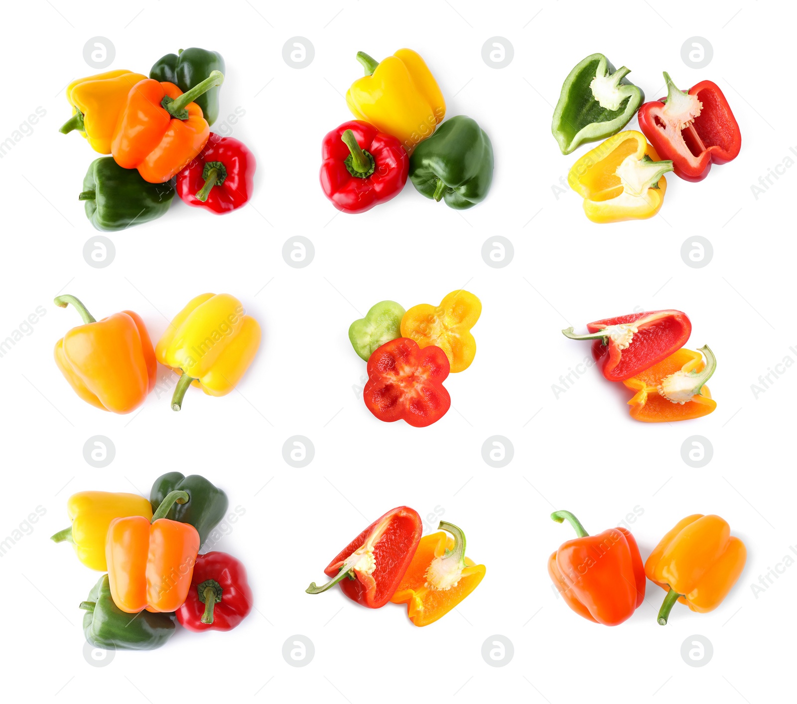 Image of Set of different ripe bell peppers on white background, top view