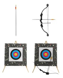 Image of Bows, arrows and archery targets on white background