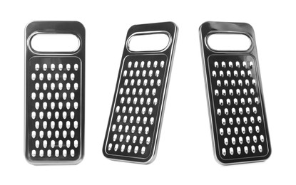 Image of Stainless steel graters on white background, collage 