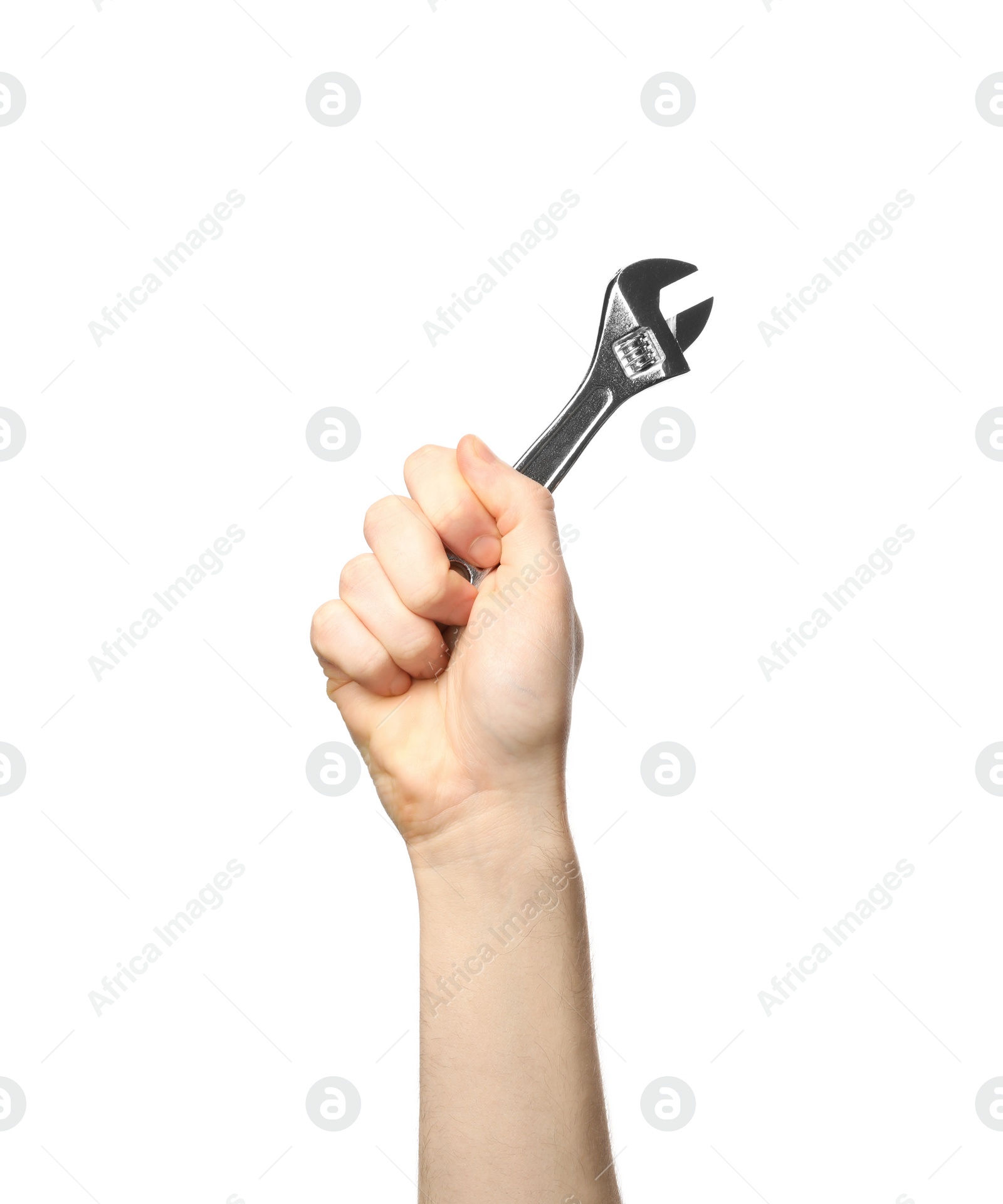 Photo of Man holding adjustable wrench isolated on white, closeup