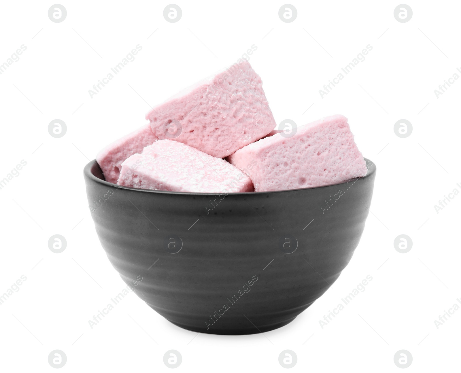 Photo of Bowl with tasty marshmallows on white background