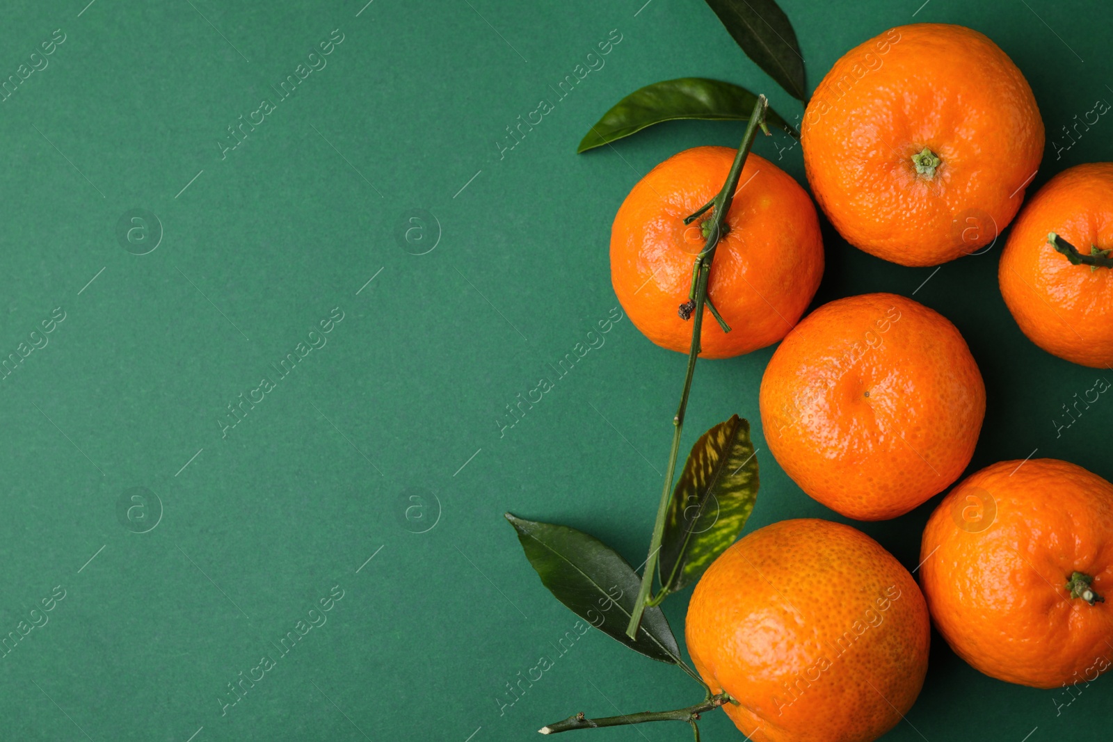 Photo of Fresh ripe tangerines with leaves on green background, flat lay. Space for text