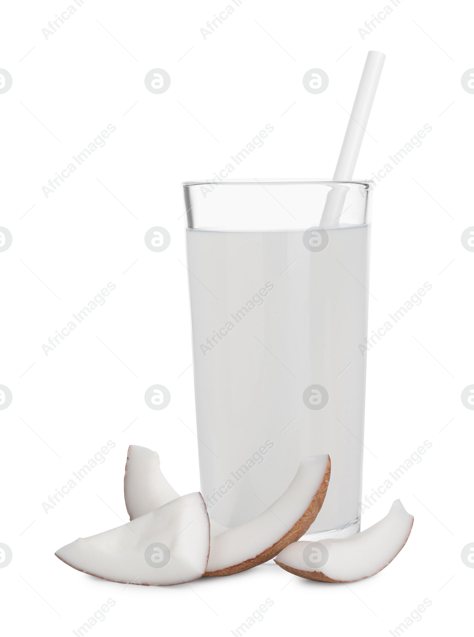 Photo of Glass of coconut water and nut isolated on white