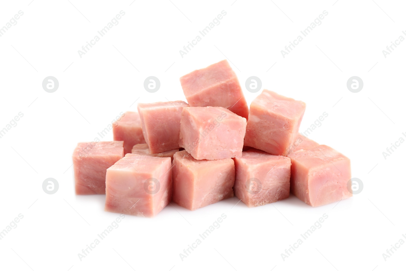 Photo of Cubes of tasty fresh ham isolated on white