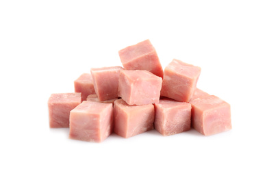 Cubes of tasty fresh ham isolated on white