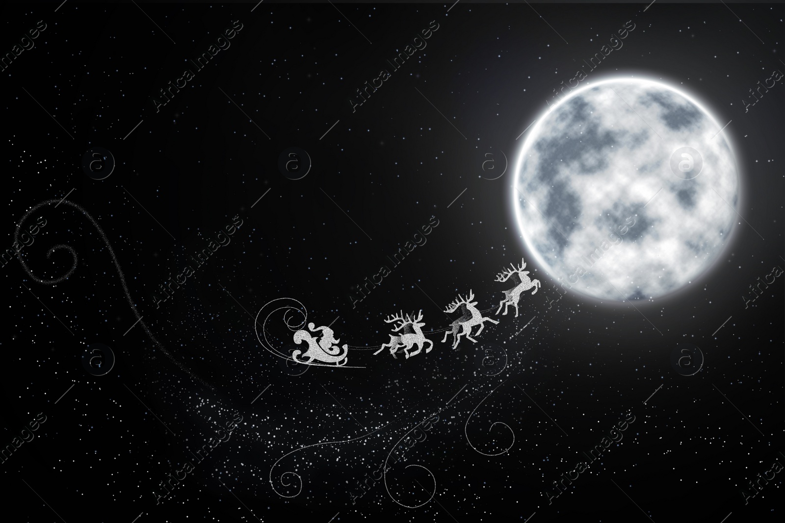 Illustration of Magic Christmas eve. Santa with reindeers flying in sky on full moon night