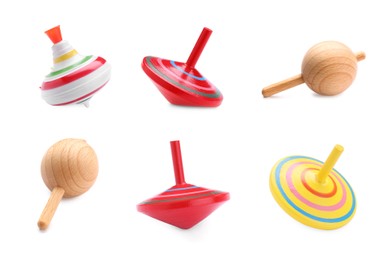 Image of Different spinning tops isolated on white. Toy whirligig