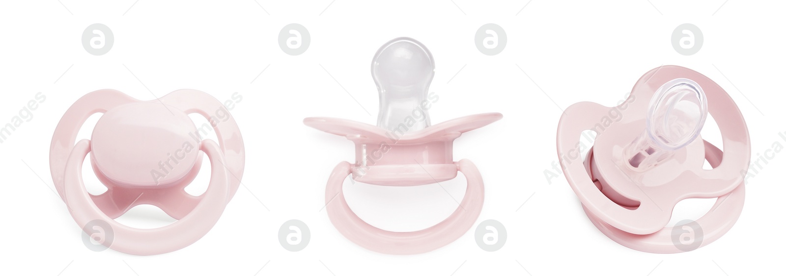 Image of Collage of pale pink baby pacifier on white background, views from different sides