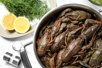 Photo of Fresh raw crayfishes in pot on white marble table, flat lay