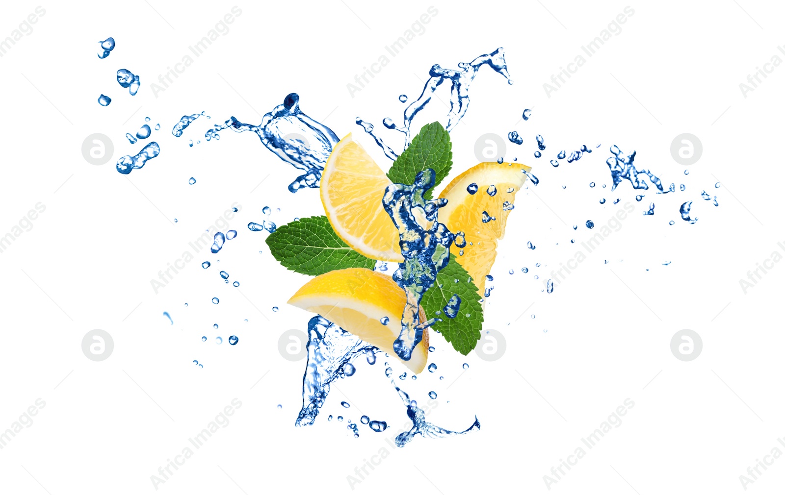 Image of Fresh ripe lemon, mint and splashing water on white background