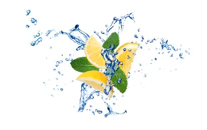 Fresh ripe lemon, mint and splashing water on white background