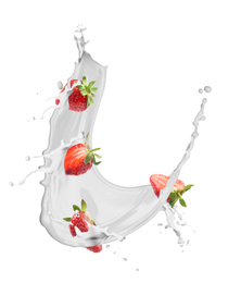 Image of Fresh strawberries with milk splash on white background