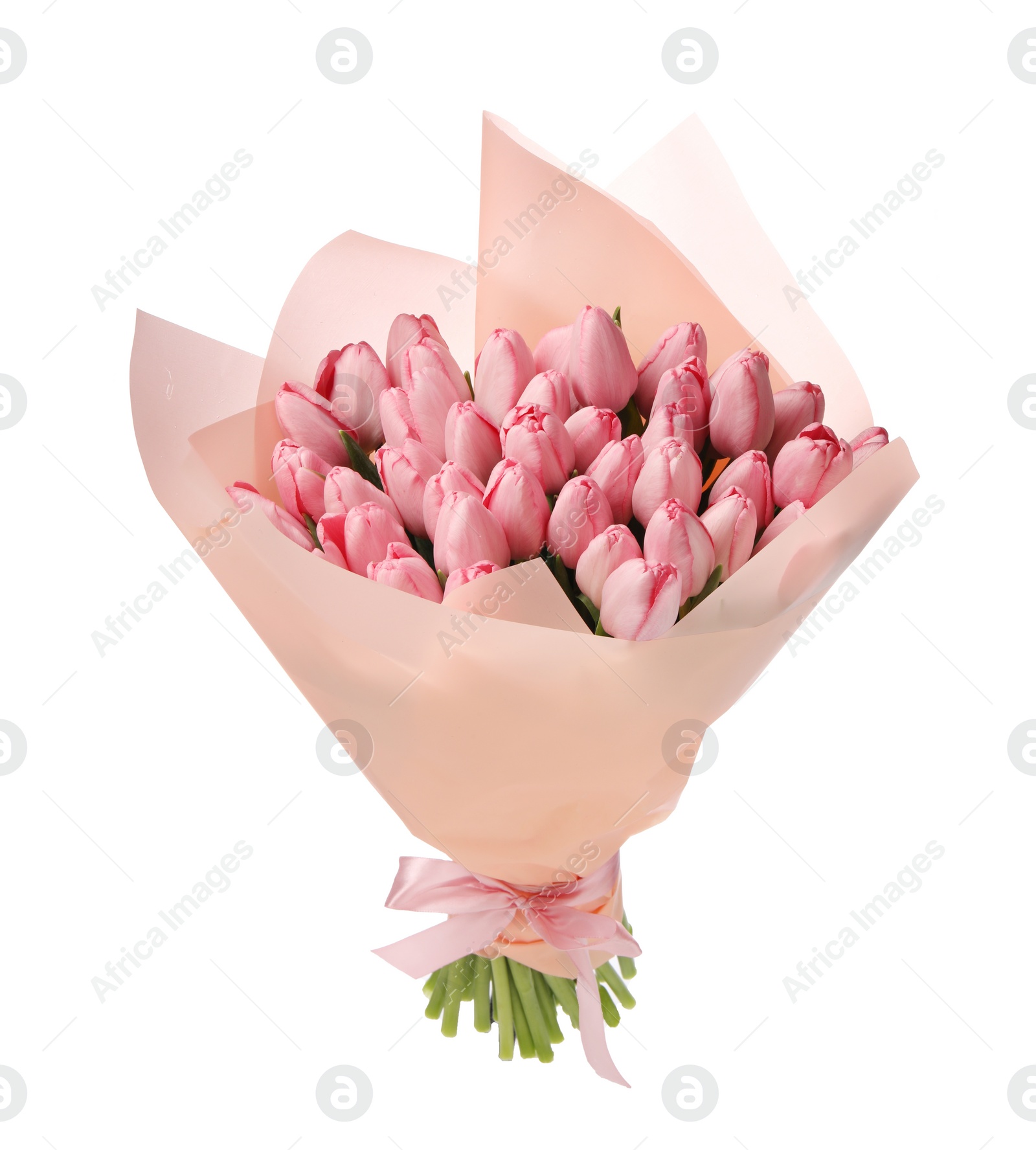 Photo of Bouquet of beautiful pink tulips isolated on white