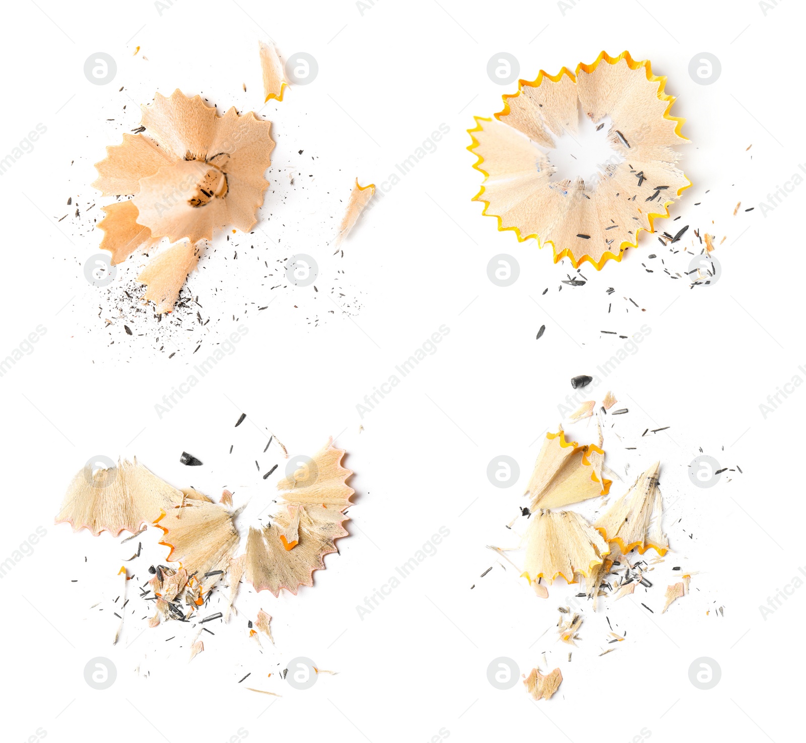 Image of Pencil shavings on white background, top view