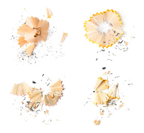 Image of Pencil shavings on white background, top view