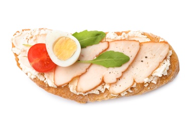 Photo of Delicious chicken bruschetta on white background, top view