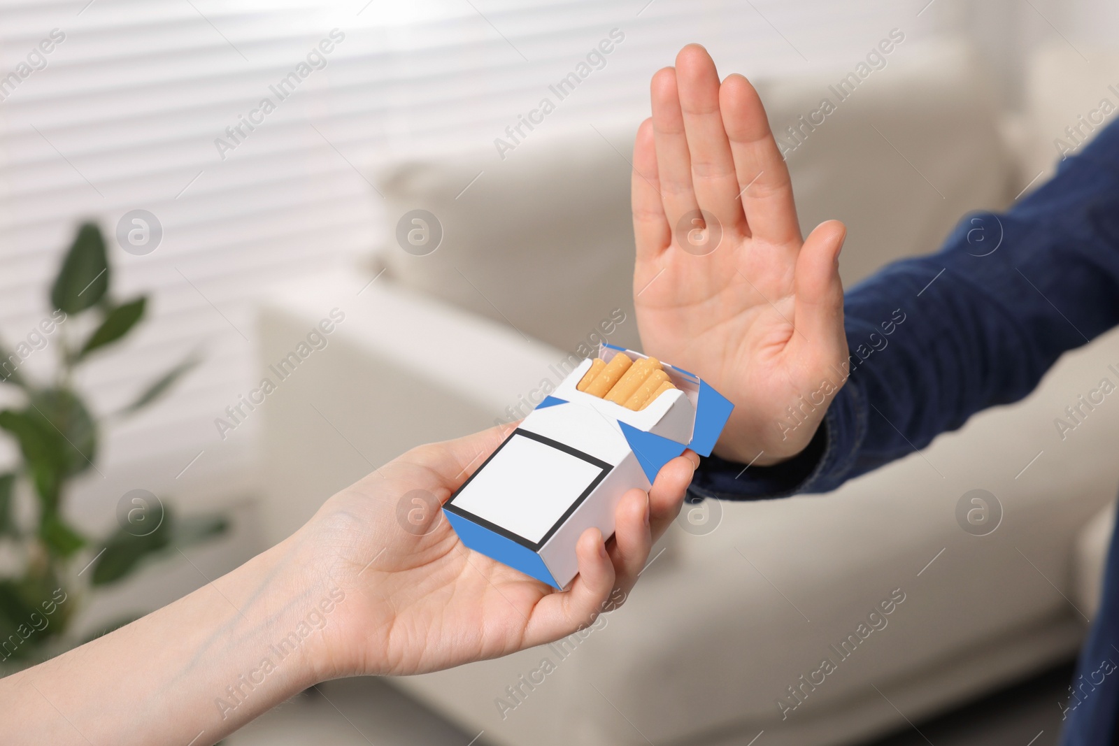 Photo of Woman refusing cigarettes at home, closeup. Quitting smoking concept