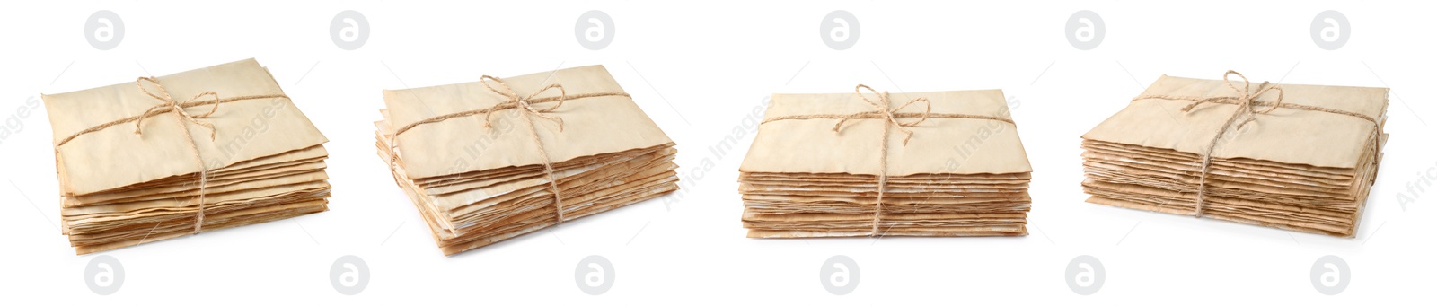 Image of Set with stacks of old letters on white background. Banner design