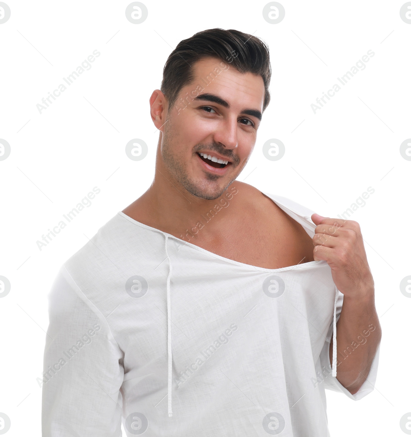 Photo of Portrait of handsome young man on white background