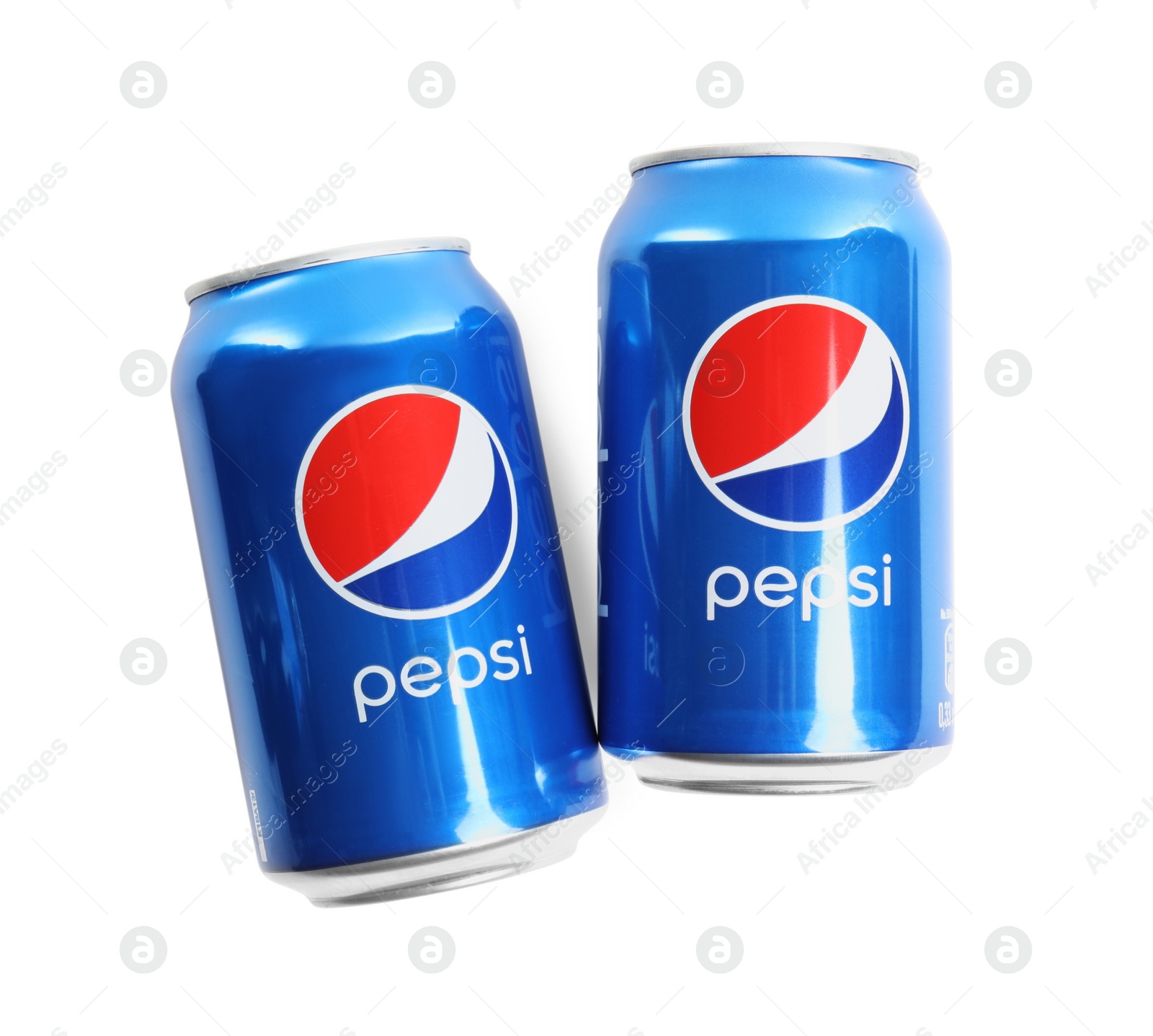 Photo of MYKOLAIV, UKRAINE - FEBRUARY 10, 2021: Cans of Pepsi on white background, top view
