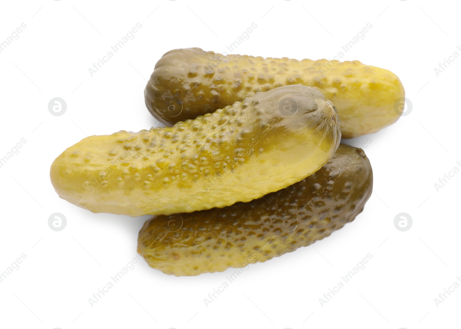 Photo of Tasty crunchy pickled cucumbers on white background, top view