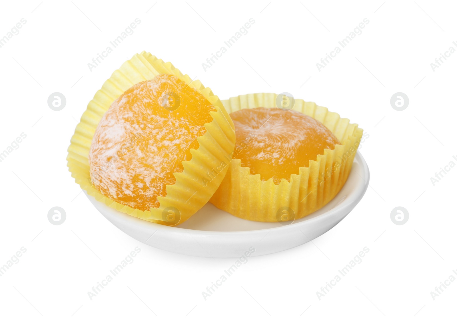 Photo of Plate with delicious mochi on white background. Traditional Japanese dessert