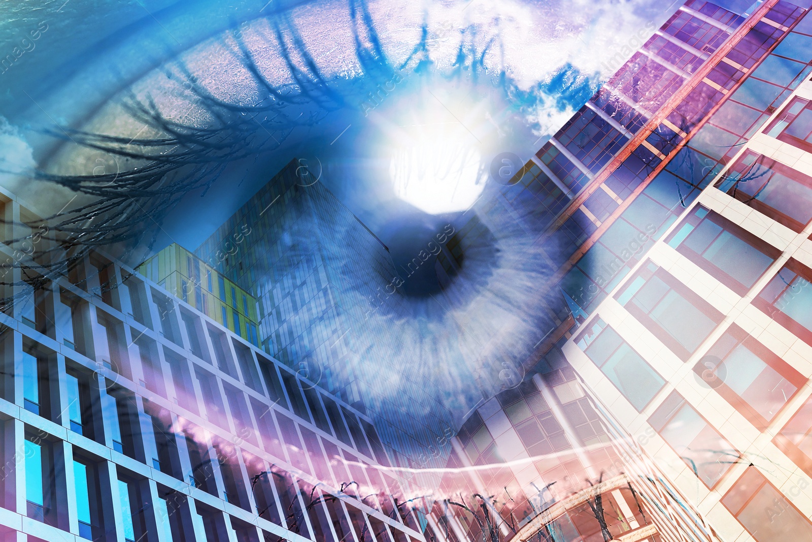 Image of Double exposure of modern buildings and woman with beautiful eye, closeup