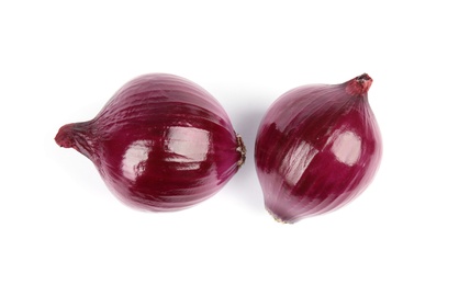 Photo of Fresh whole red onions on white background, top view