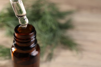 Photo of Dripping dill essential oil from pipette into bottle on light background, closeup. Space for text