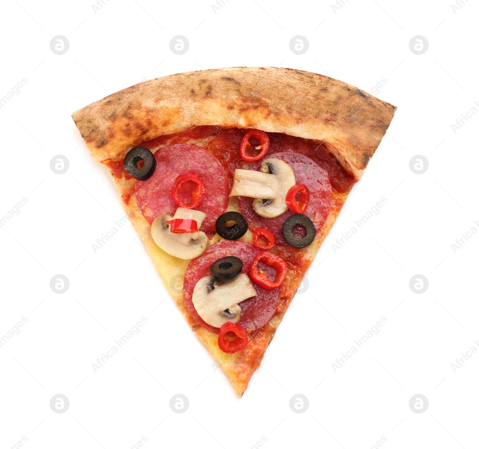 Photo of Slice of delicious pizza isolated on white, top view