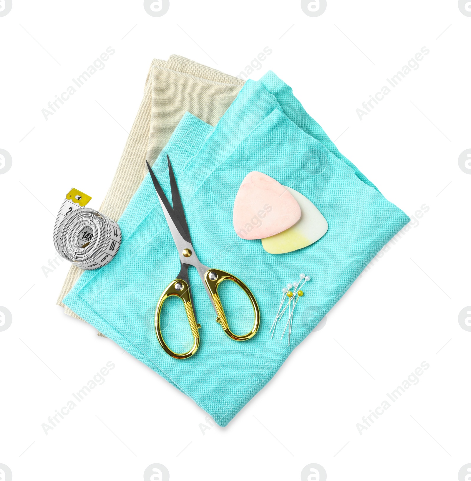 Photo of Scissors and sewing tools on white background, top view