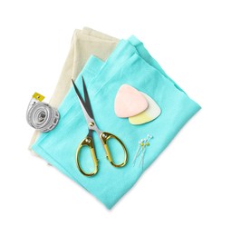 Photo of Scissors and sewing tools on white background, top view