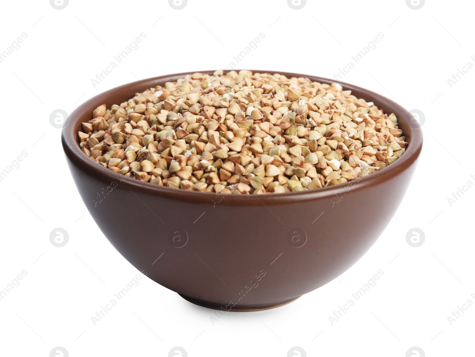 Photo of Green buckwheat in bowl isolated on white