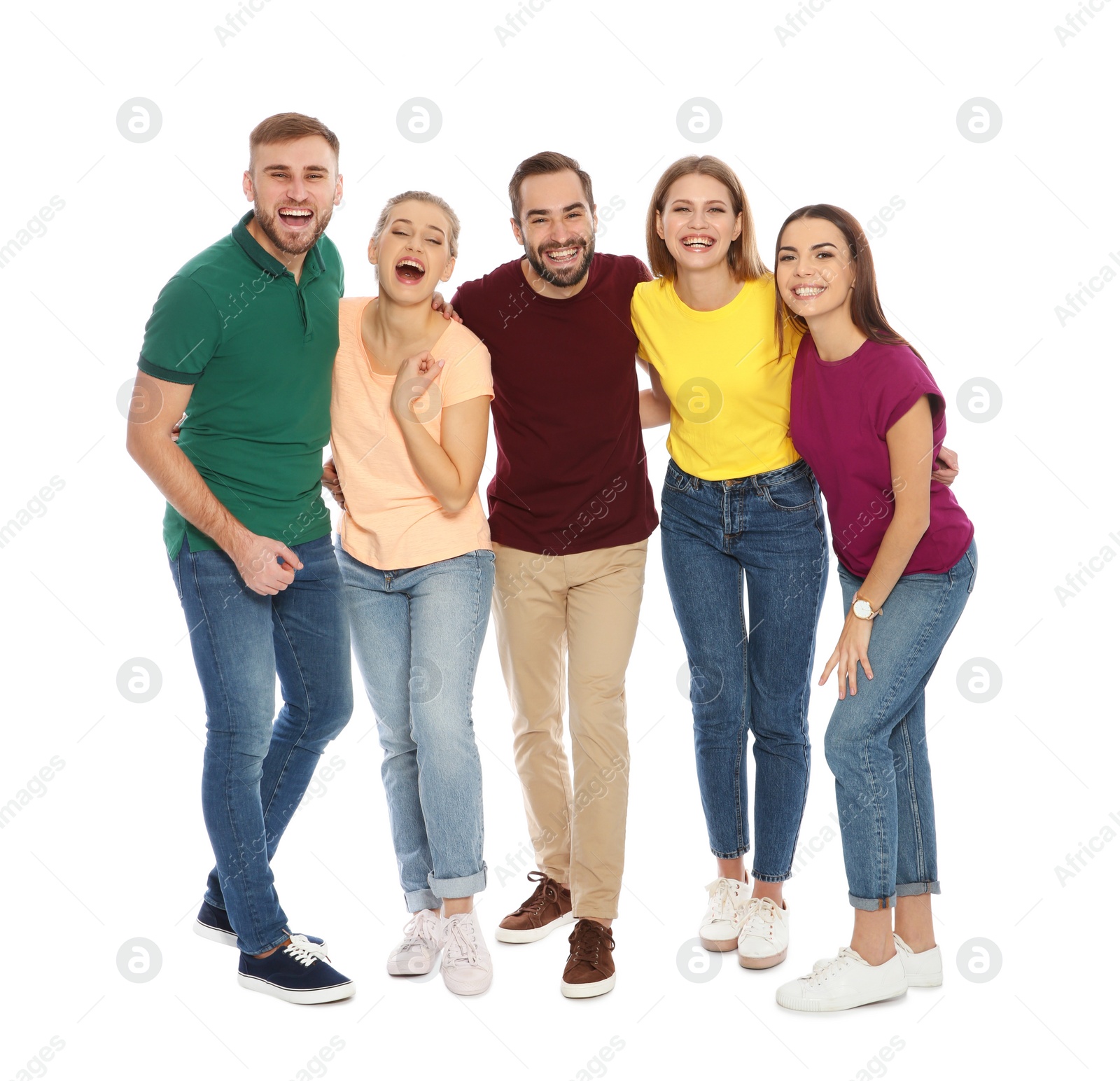 Photo of Full length portrait of young people laughing on white background