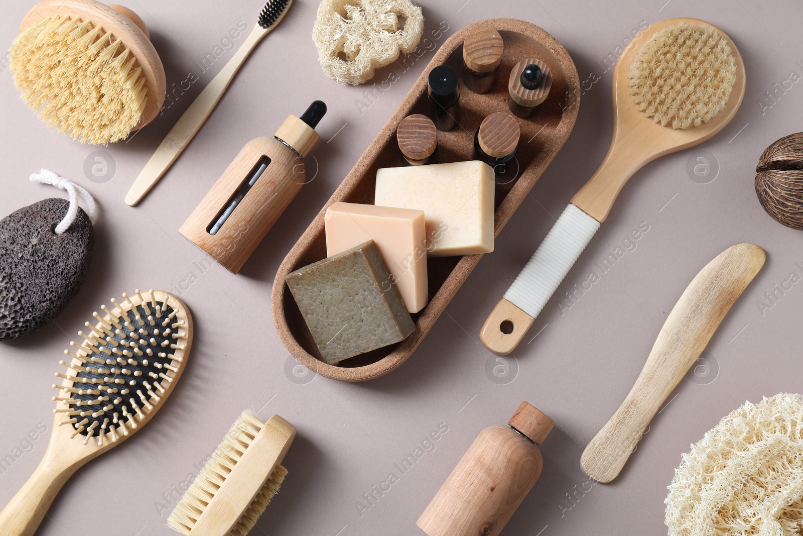 Photo of Bath accessories. Flat lay composition with personal care products on light grey background