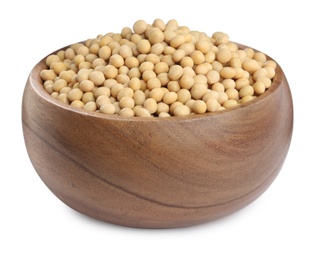 Soya beans in wooden bowl isolated on white