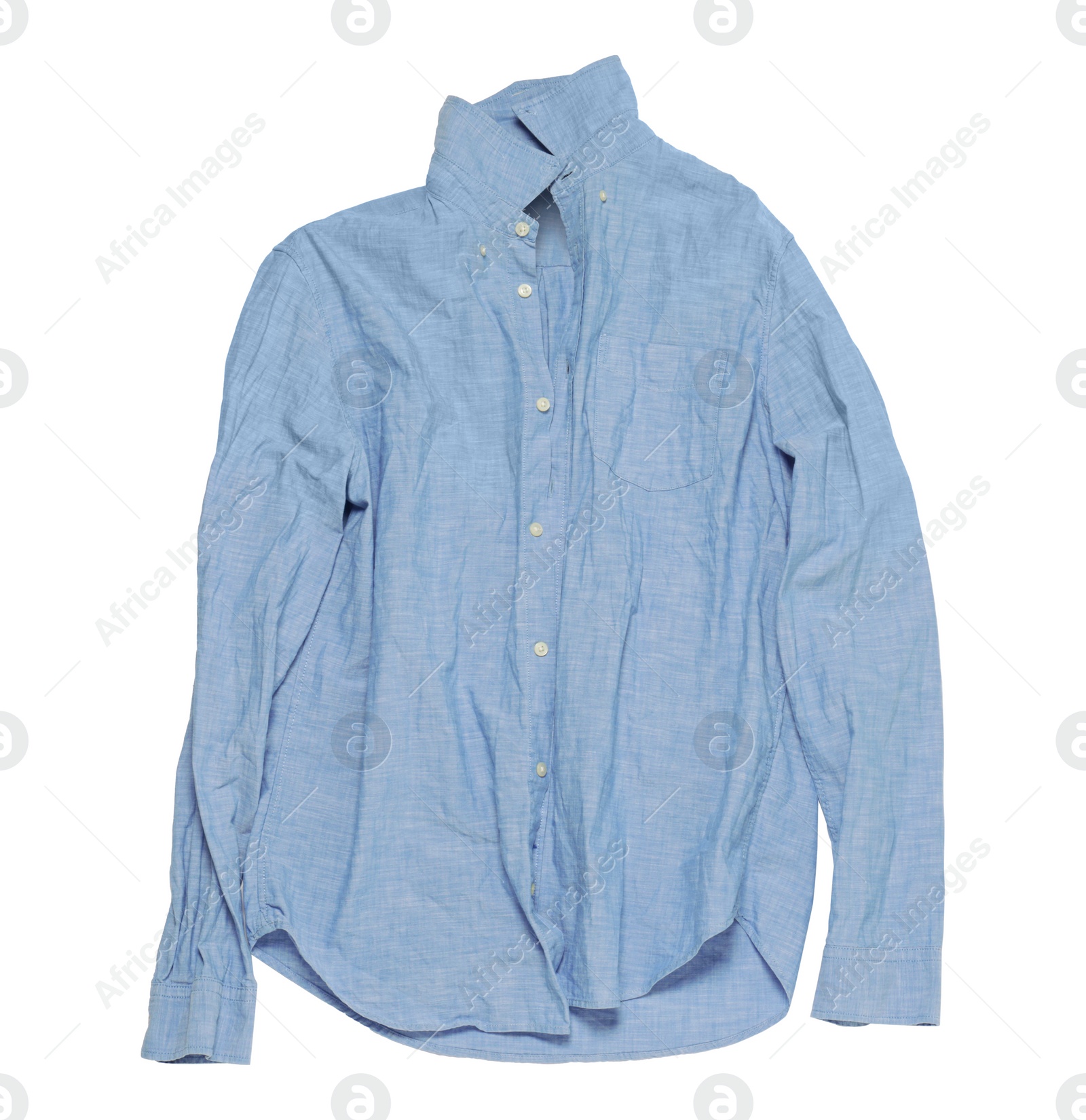 Photo of Crumpled light blue shirt on white background, top view