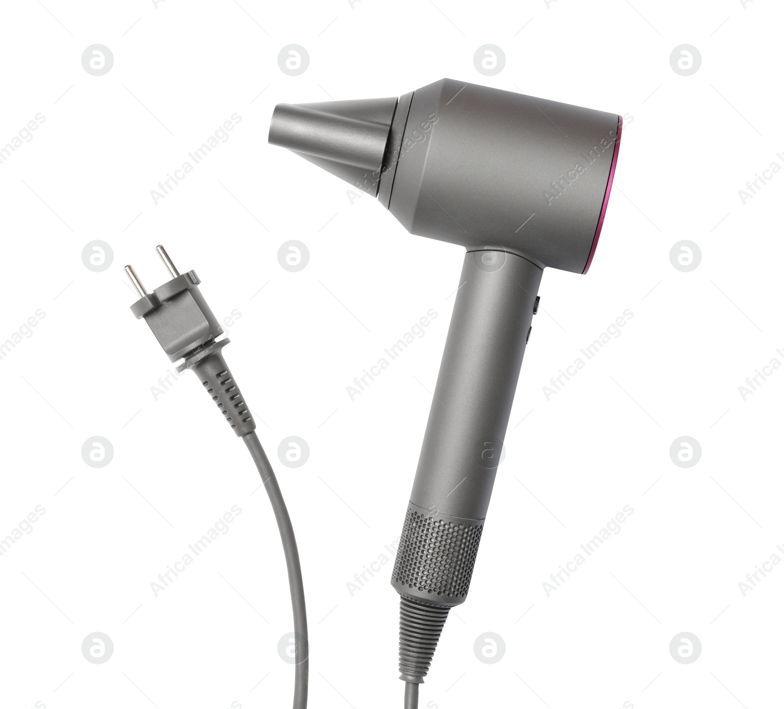 Photo of Modern hair dryer on white background, top view